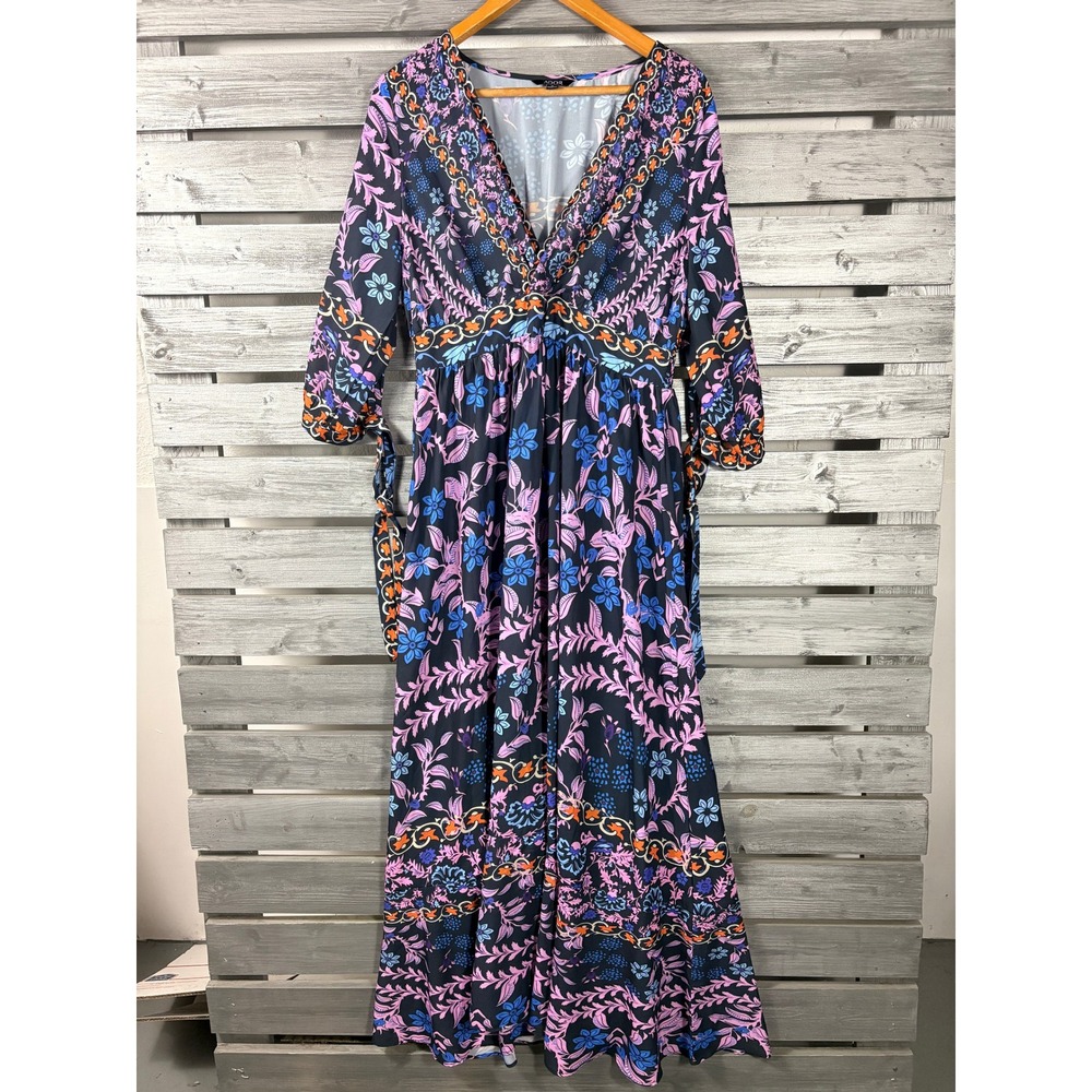 Ador Womens XL Navy Blue Floral V-Neck Smocked Back 3/4 Sleeve Maxi Dress Boho